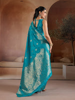 Thumbnail for Monjolika Fashion Aqua Blue Handloom Weaving Silk Blend Saree - Dista