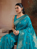 Thumbnail for Monjolika Fashion Aqua Blue Handloom Weaving Silk Blend Saree - Dista