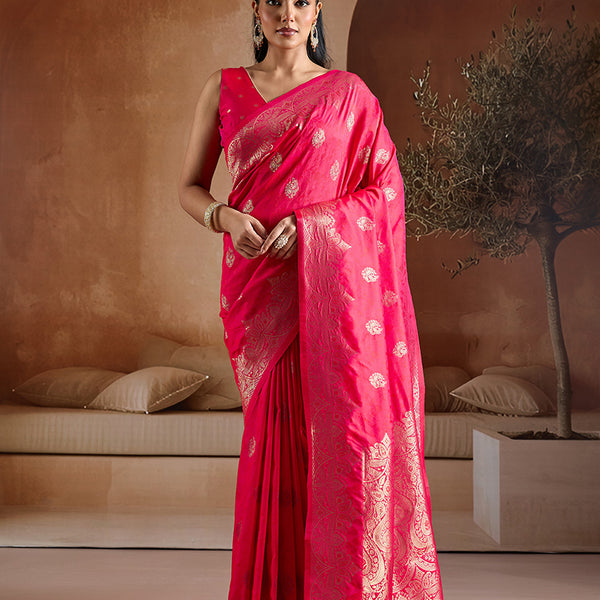 Monjolika Fashion Pink Blue Handloom Weaving Silk Blend Saree - Dista
