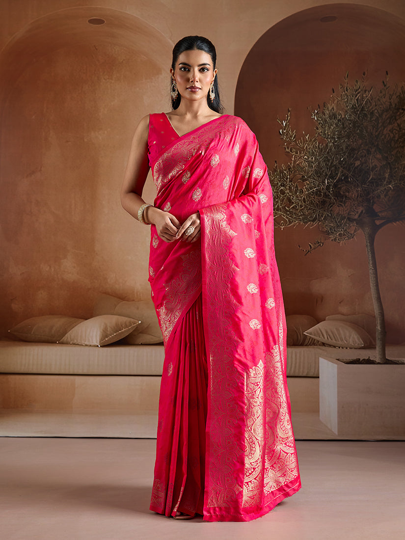 Monjolika Fashion Pink Blue Handloom Weaving Silk Blend Saree - Dista
