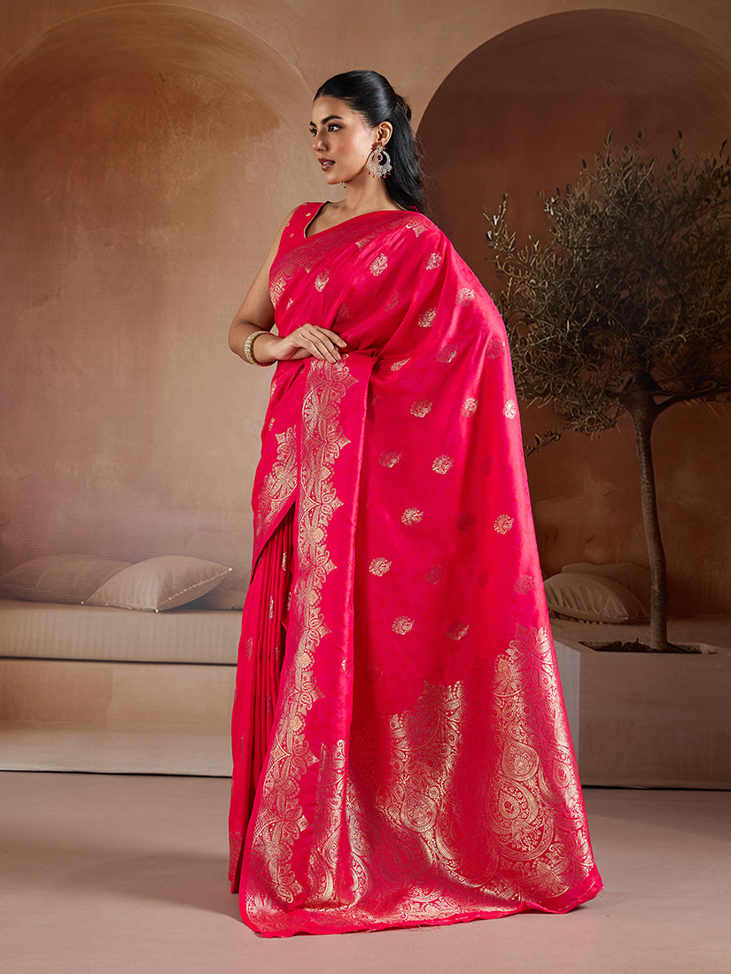Monjolika Fashion Pink Blue Handloom Weaving Silk Blend Saree - Dista