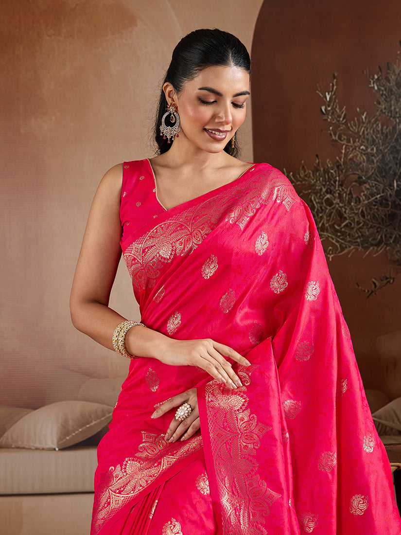 Monjolika Fashion Pink Blue Handloom Weaving Silk Blend Saree - Dista