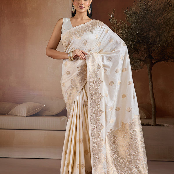 Monjolika Fashion Off White Blue Handloom Weaving Silk Blend Saree - Dista