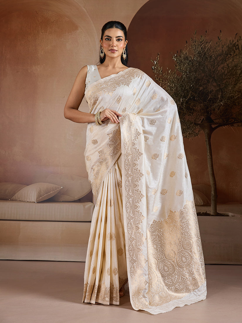 Monjolika Fashion Off White Blue Handloom Weaving Silk Blend Saree - Dista