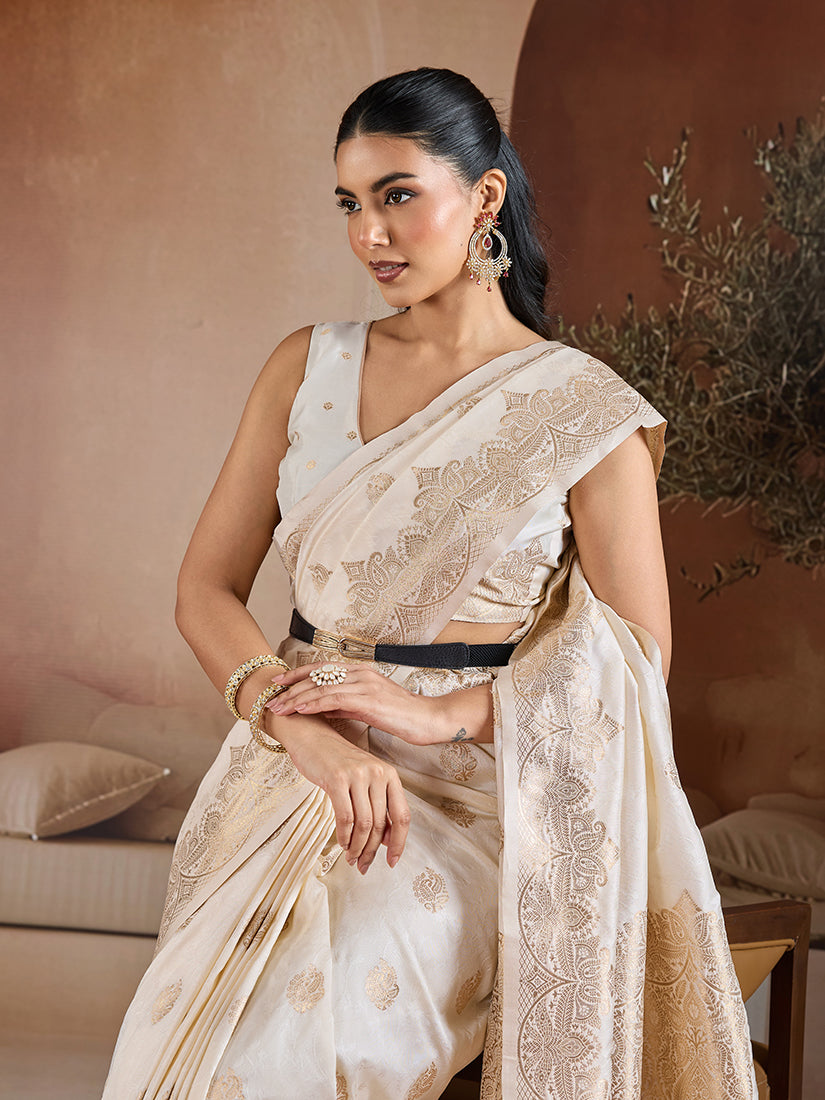 Monjolika Fashion Off White Blue Handloom Weaving Silk Blend Saree - Dista