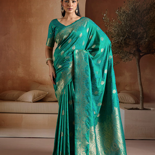 Monjolika Fashion Teal Green Handloom Weaving Silk Blend Saree - Dista