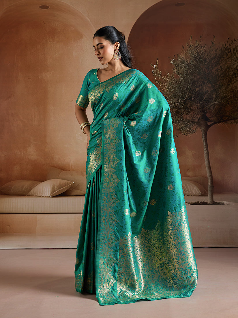 Monjolika Fashion Teal Green Handloom Weaving Silk Blend Saree - Dista