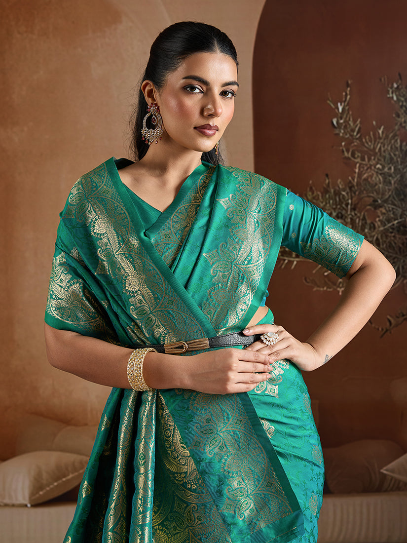 Monjolika Fashion Teal Green Handloom Weaving Silk Blend Saree - Dista