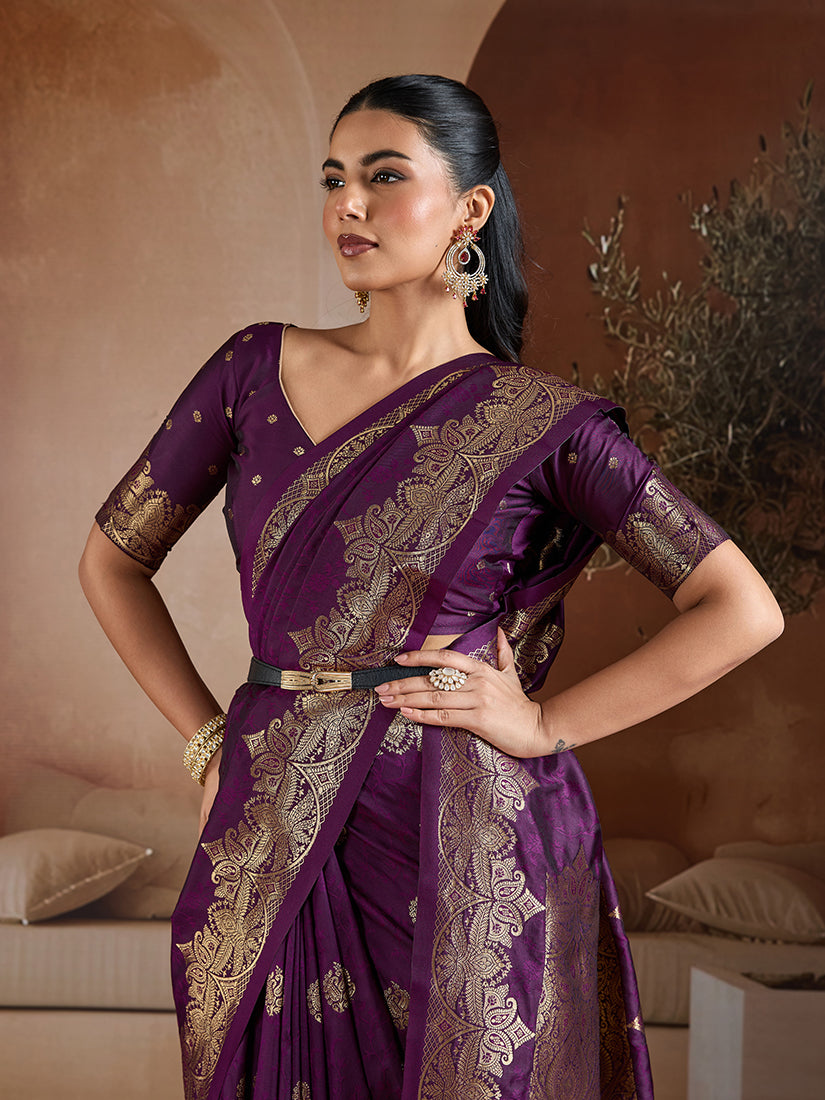 Monjolika Fashion Purple Handloom Weaving Silk Blend Saree - Dista