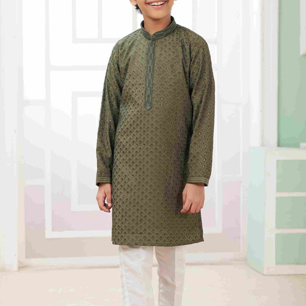 Raivat Ethnic Art Silk Embroidery Work Kids Kurta Pajama In Green Colour - Distacart