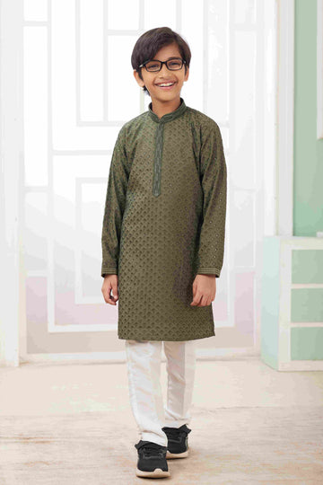 Raivat Ethnic Art Silk Embroidery Work Kids Kurta Pajama In Green Colour - Distacart