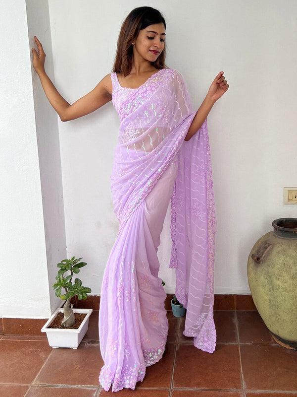 Anouk Lavendar Embellished Sequinned Pure Georgette Saree - Distacart