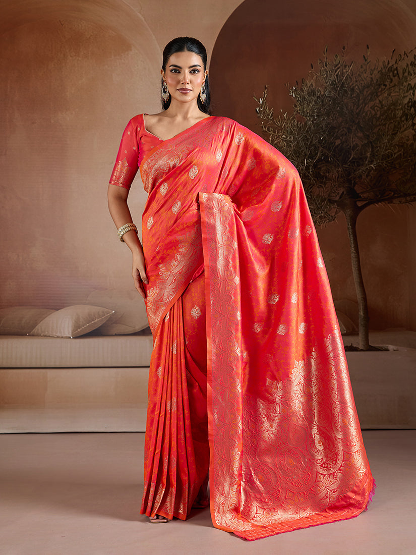 Monjolika Fashion Salmon Handloom Weaving Silk Blend Saree - Dista