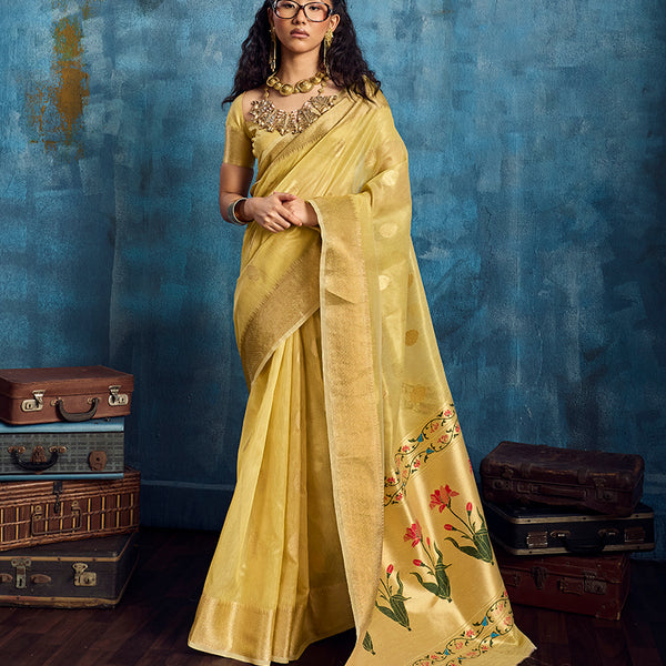 Monjolika Fashion Mustard Paithani Tissue Handloom Weaving Saree - Dista