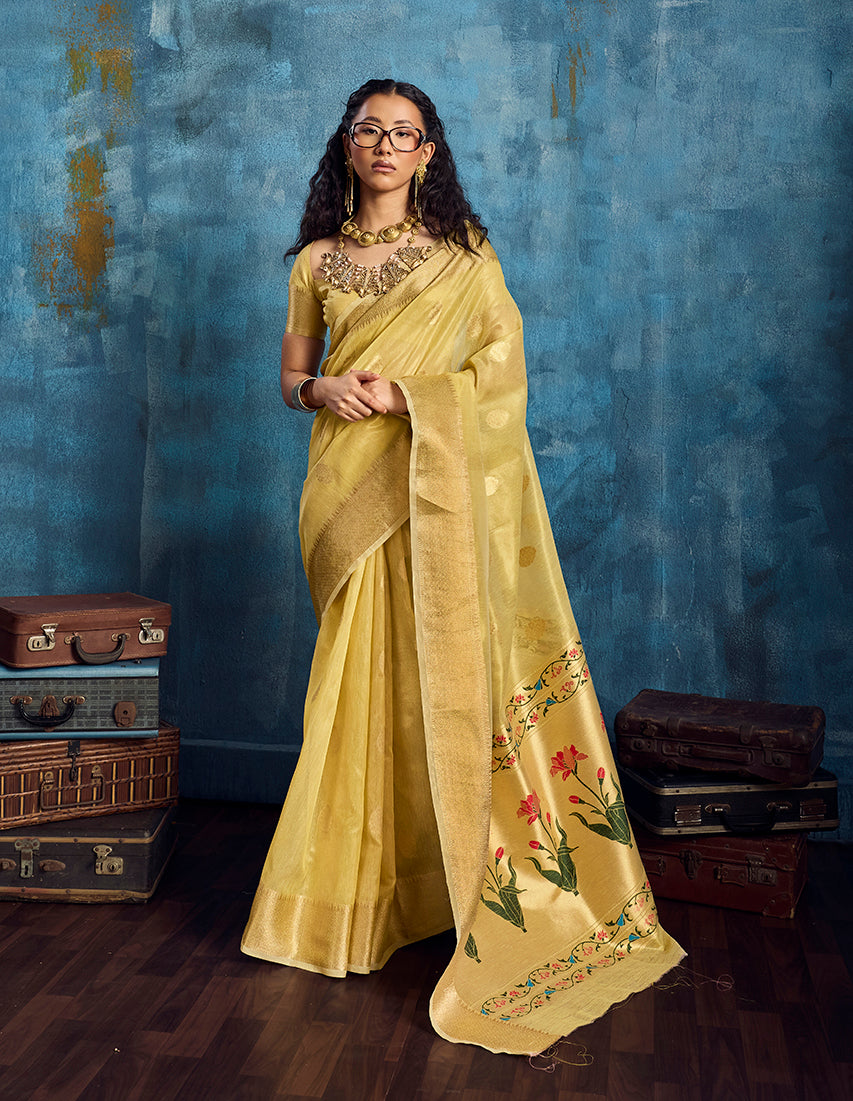 Monjolika Fashion Mustard Paithani Tissue Handloom Weaving Saree - Dista