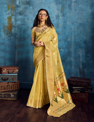 Monjolika Fashion Mustard Paithani Tissue Handloom Weaving Saree - Dista
