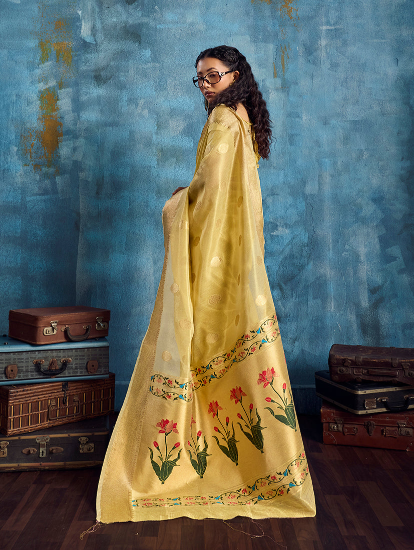 Monjolika Fashion Mustard Paithani Tissue Handloom Weaving Saree - Dista