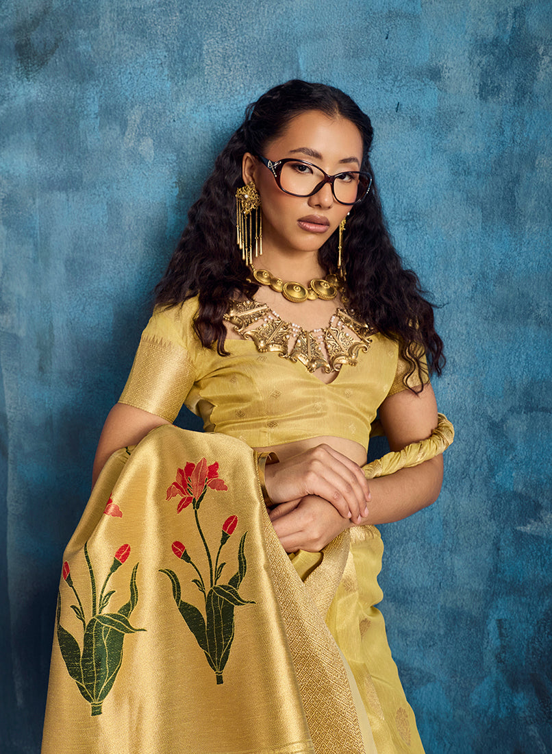 Monjolika Fashion Mustard Paithani Tissue Handloom Weaving Saree - Dista