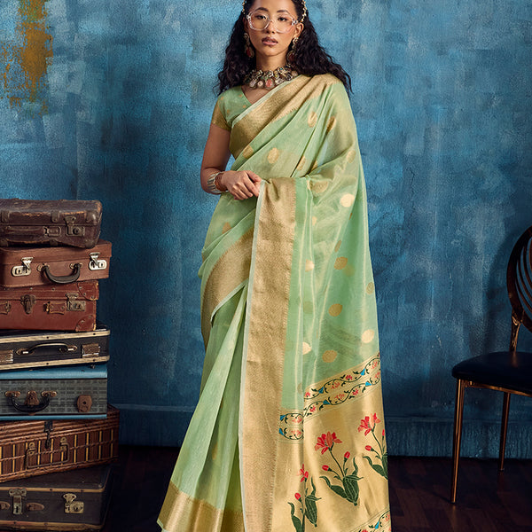 Monjolika Fashion Pastel Green Paithani Tissue Handloom Weaving Saree - Dista