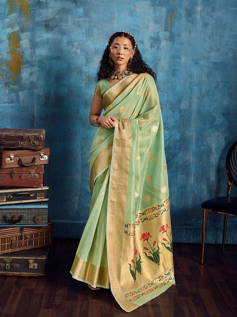 Monjolika Fashion Pastel Green Paithani Tissue Handloom Weaving Saree - Dista