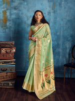 Thumbnail for Monjolika Fashion Pastel Green Paithani Tissue Handloom Weaving Saree - Dista