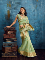 Thumbnail for Monjolika Fashion Pastel Green Paithani Tissue Handloom Weaving Saree - Dista