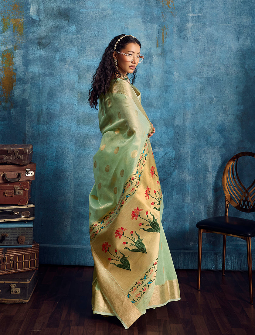 Monjolika Fashion Pastel Green Paithani Tissue Handloom Weaving Saree - Dista