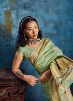 Thumbnail for Monjolika Fashion Pastel Green Paithani Tissue Handloom Weaving Saree - Dista