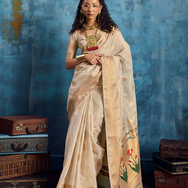 Monjolika Fashion Off White Paithani Tissue Handloom Weaving Saree - Dista