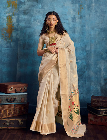 Monjolika Fashion Off White Paithani Tissue Handloom Weaving Saree - Dista