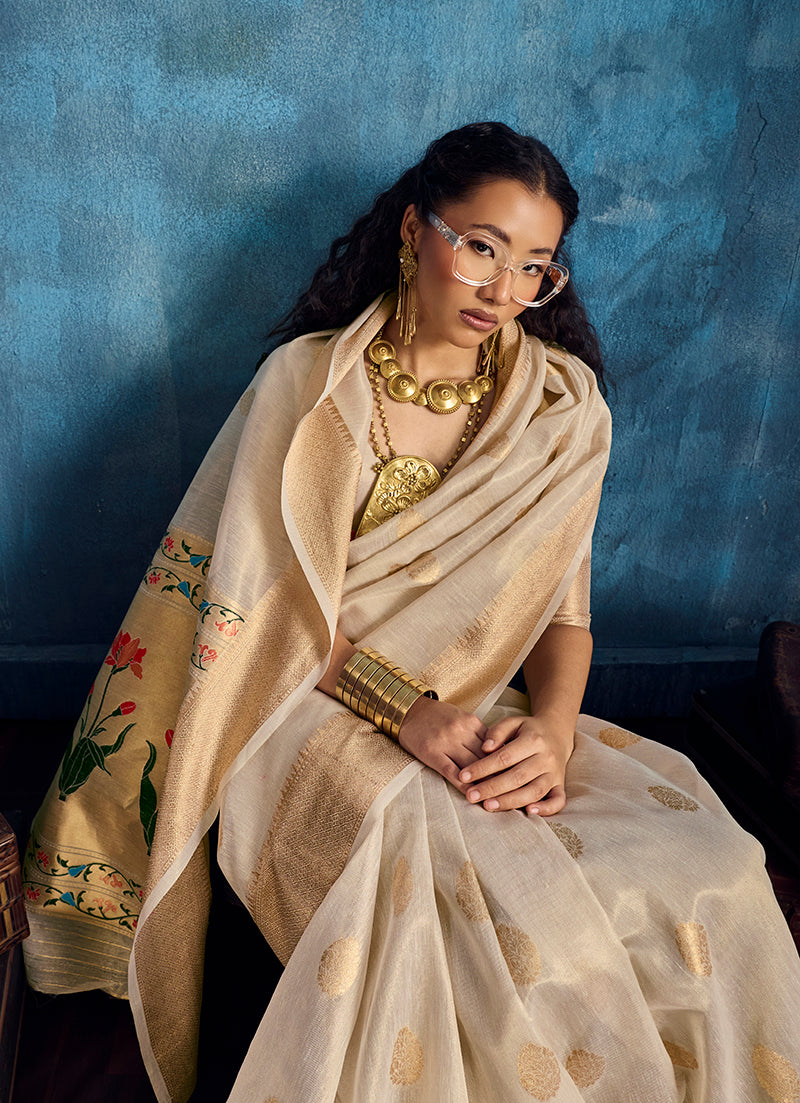 Monjolika Fashion Off White Paithani Tissue Handloom Weaving Saree - Dista
