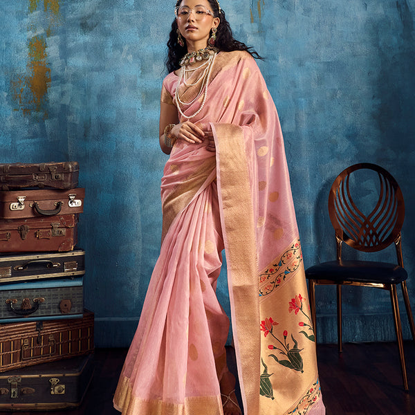 Monjolika Fashion Pink Paithani Tissue Handloom Weaving Saree - Dista