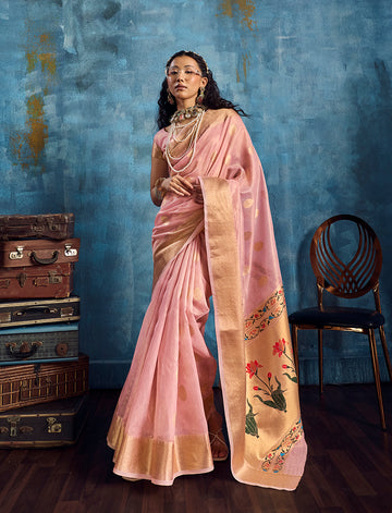 Monjolika Fashion Pink Paithani Tissue Handloom Weaving Saree - Dista
