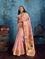Thumbnail for Monjolika Fashion Pink Paithani Tissue Handloom Weaving Saree - Dista