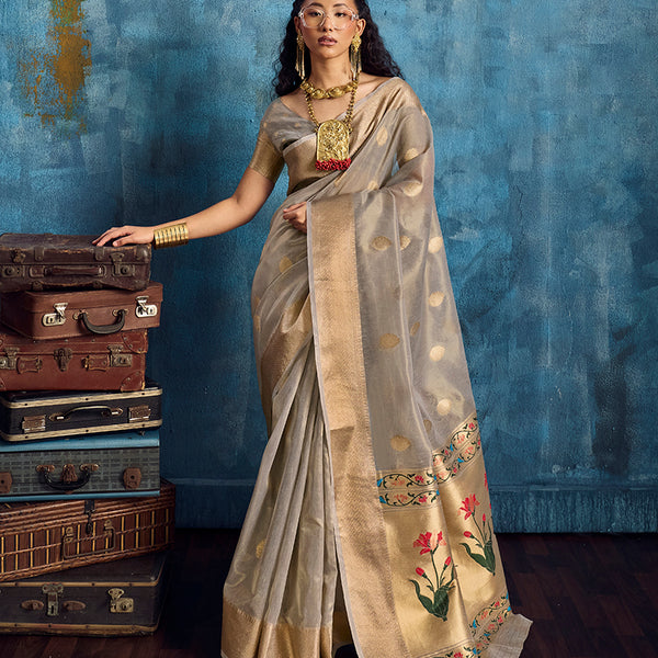 Monjolika Fashion Grey Paithani Tissue Handloom Weaving Saree - Dista
