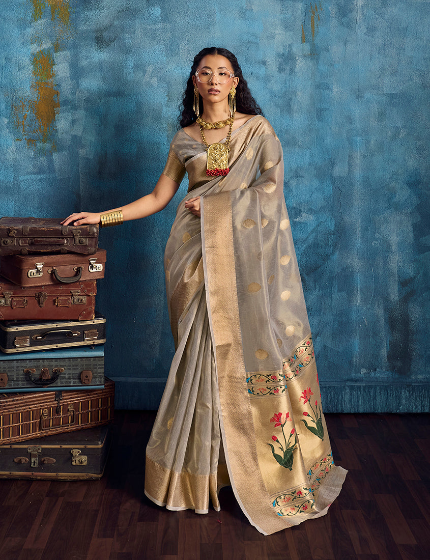 Monjolika Fashion Grey Paithani Tissue Handloom Weaving Saree - Dista