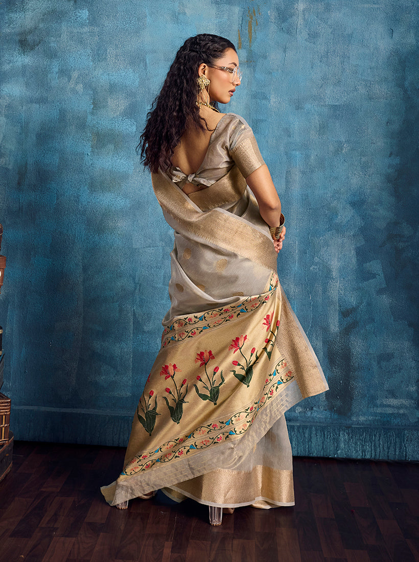 Monjolika Fashion Grey Paithani Tissue Handloom Weaving Saree - Dista