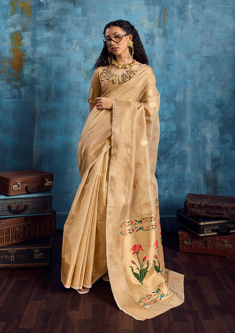 Monjolika Fashion Beige Paithani Tissue Handloom Weaving Saree - Dista