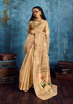 Thumbnail for Monjolika Fashion Beige Paithani Tissue Handloom Weaving Saree - Dista