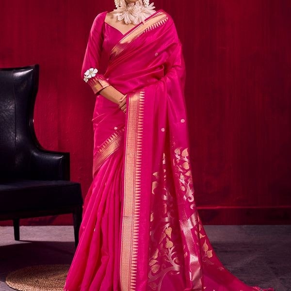 Monjolika Fashion Rani Pink Weaving Satin Linen Silk Saree - Dista