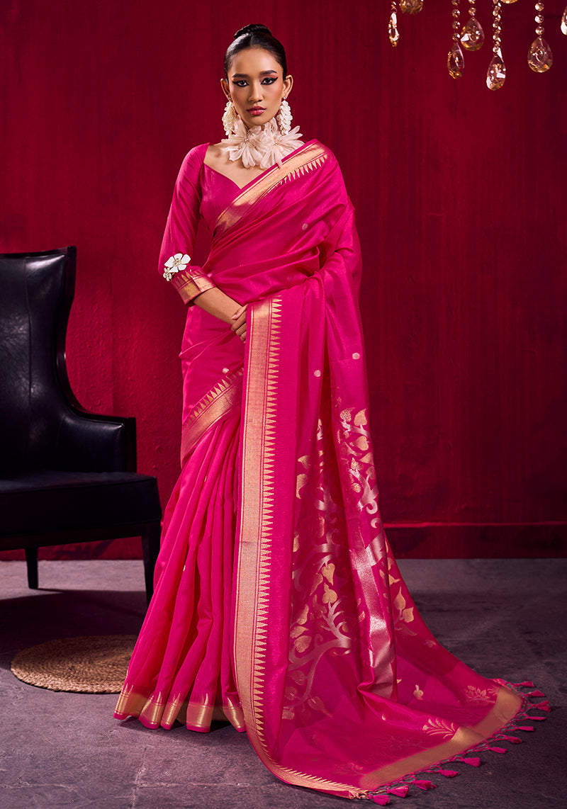 Monjolika Fashion Rani Pink Weaving Satin Linen Silk Saree - Dista