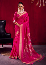 Thumbnail for Monjolika Fashion Rani Pink Weaving Satin Linen Silk Saree - Dista