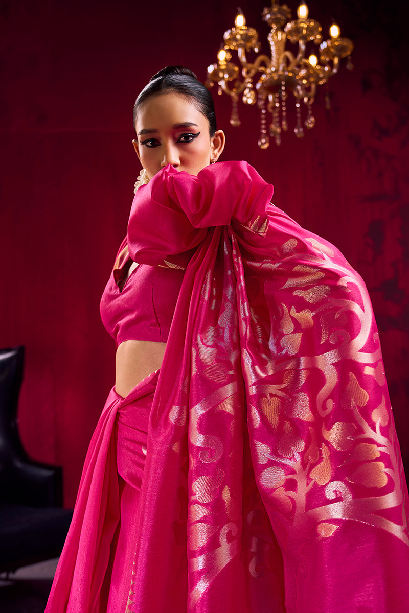 Monjolika Fashion Rani Pink Weaving Satin Linen Silk Saree - Dista