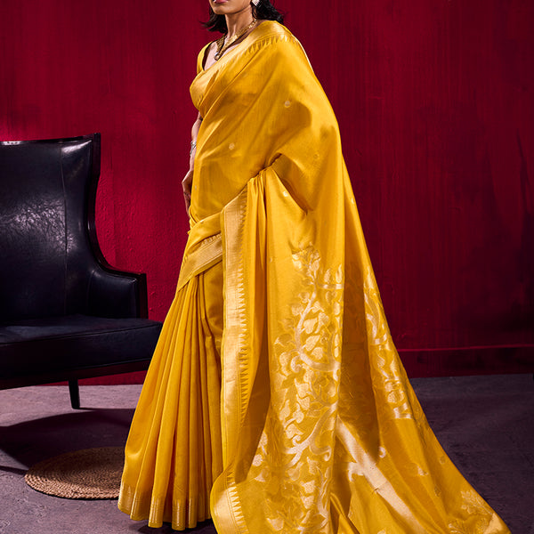 Monjolika Fashion Mustard Weaving Satin Linen Silk Saree - Dista