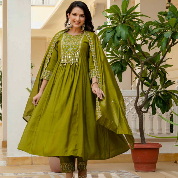 Pramukh Fab Olive Color Roman Silk Kurta Set - Distacart