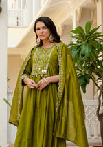 Thumbnail for Pramukh Fab Olive Color Roman Silk Kurta Set - Distacart
