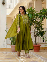 Thumbnail for Pramukh Fab Olive Color Roman Silk Kurta Set - Distacart