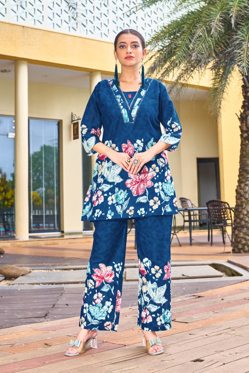 Pramukh Fab Teal Color Cotton Co-ord Set - Distacart