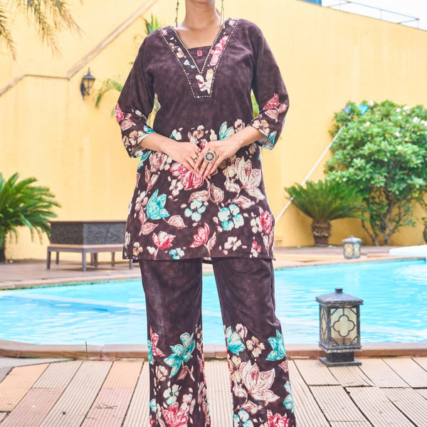 Pramukh Fab Dark Brown Color Cotton Co-ord Set - Distacart