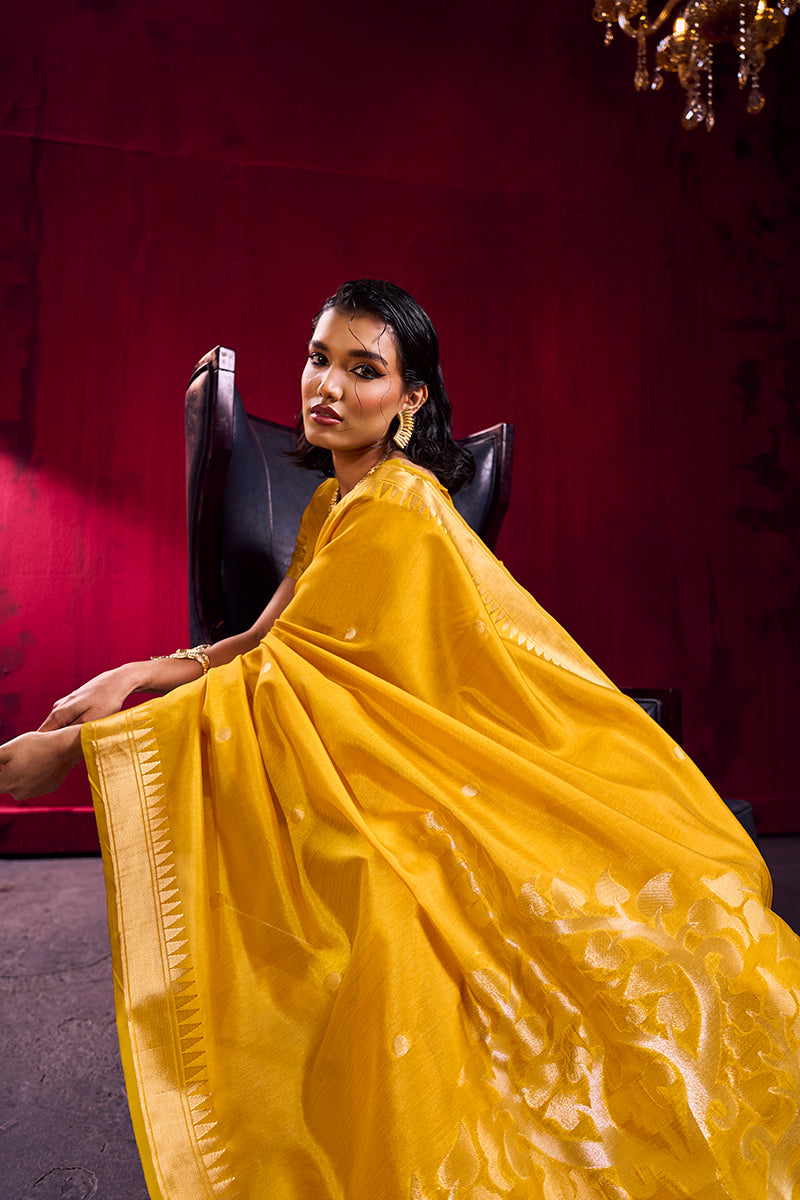 Monjolika Fashion Mustard Weaving Satin Linen Silk Saree - Dista
